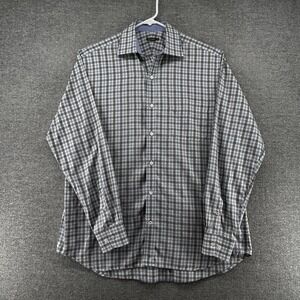 J McLaughlin Shirt Men Size Medium Beige Blue Plaid Long Sleeve Casual